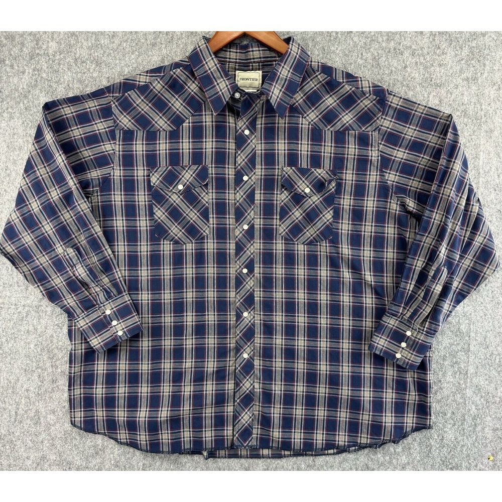 Frontier Western Shirt Pearl Snap Men's 3XL Blue Red Plaid Check Polyester Blend